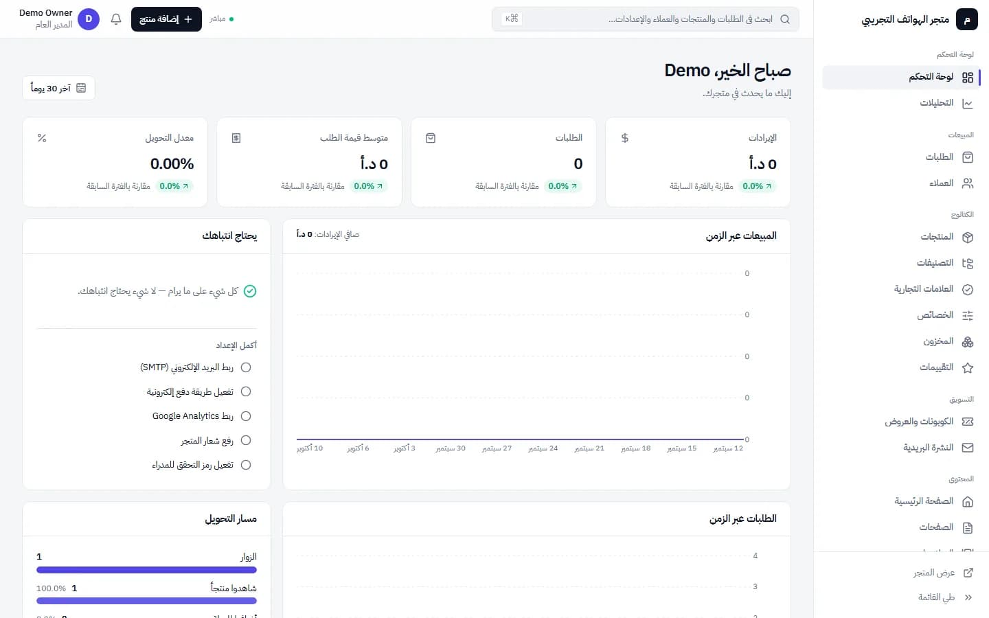 لوحة تحكم المتجر بعد الدخول من سايتكم: المؤشرات وقائمة «أكمل الإعداد»