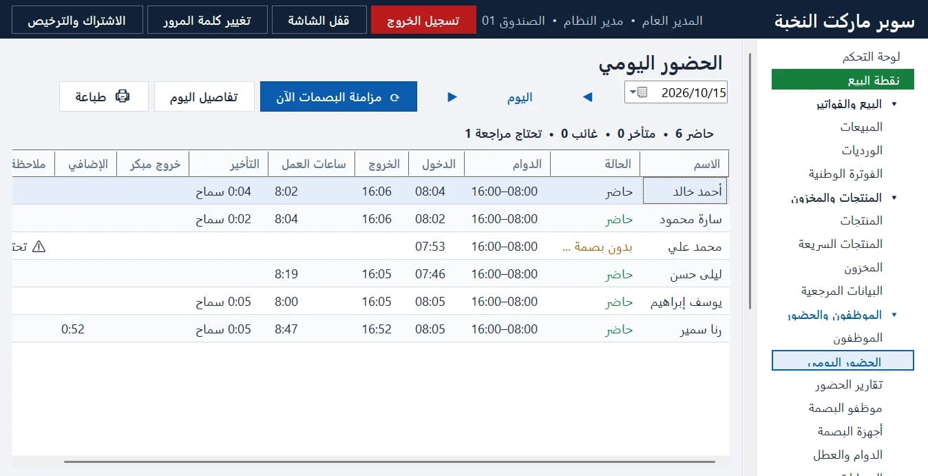 الحضور اليومي: كل موظف بدوامه ودخوله وخروجه وساعات عمله وتأخيره وإضافيّه، مع مزامنة البصمات الآن