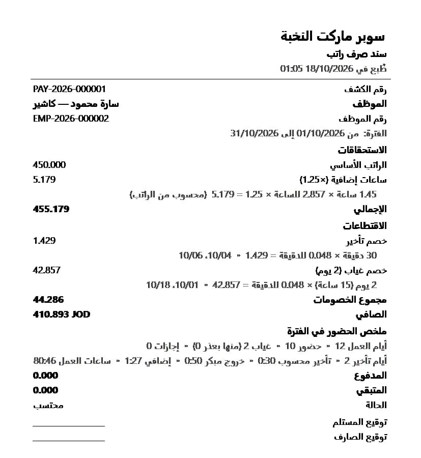 سند صرف الراتب المطبوع: الاستحقاقات والاقتطاعات بطريقة حسابها، وملخص الحضور، وتوقيع المستلم